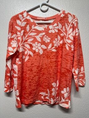 Before & Again Coral Floral Long-Sleeve Semi See-Thru Tee